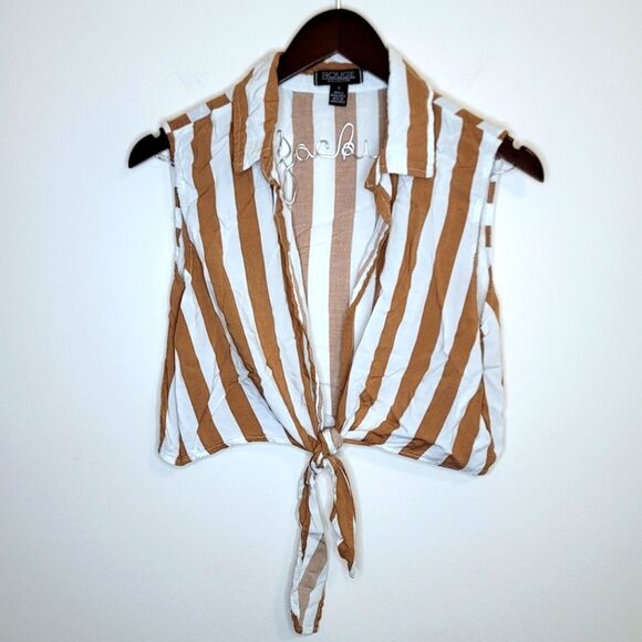 Rouge Collection Brown White Striped Front Tie Open Sleeveless Crop Top Size 1X - Picture 1 of 9